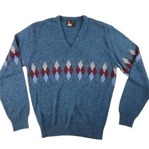 Vintage Mens Sweater Union made USA M vneck Blue argyle lightweight menswear 90s